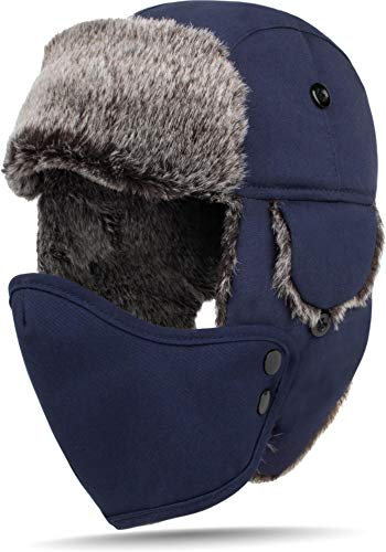 Fliegermütze Wintermütze Fellmütze Uschanka Russian Style (M-XL) Farbe Dunkelblau Größe XL