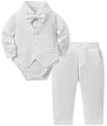 Amissz Costume Neonato Bambino, Bimbo Completo Abiti da Battesimo Matrimonio Maniche Lunghe Camicia Body + Gilet e Pantaloni Bianco 6-12 mesi
