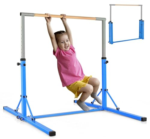 KOMFOTTEU Kinder Turnreck, Gymnastik Bar Gymnastikstange 12 stufig Höhenverstellbar, Reckstange Turnstange aus Stahl & Holz, Reck Stange zum Turnen für Mädchen Jugendliche, max 100kg (Blau-Upgrade)