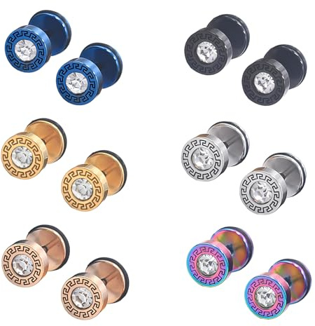 Hinvan Pack de 6 Pares Acero Inoxidable Pendientes Circonita para Mujer Hombre Aretes Brillantes Pendientes Diamante Hombre Mujer Plata Negro Oro 8MM