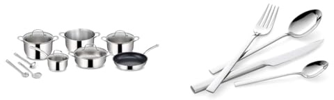 Lagostina Evelia Set di Pentole Induzione, Gas e Forno in Acciaio Inox 18/10, 13 Pezzi & Giada Set Servizio Posate Acciaio Inox 18/10 per 6 Persone, 24 Pezzi, con 6 Forchette