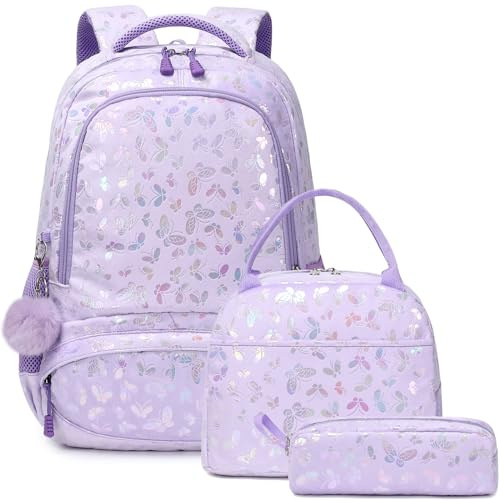 Kimwadalh Cartable Fille Papillon Sac à Dos Primaire Peluche Cartable Enfant pour Scolaire Primaire Fille Sets de Sacs Scolaires CE1 CE2 + Isotherme Panier Repas + Trousse