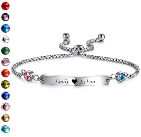 INBLUE Custom Name Armband mit Geburtsstein für Frauen Edelstahl Verstellbarer Personalisierter ID Koordinaten Graviertes Armband Jubiläum Anpassungsgeschenk für Mutter Freundin Schwester