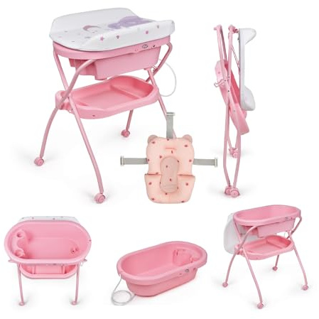MS BabyWorld – BUBBLE + COJÍN REDUCTOR – Bañera Ergonómica para Bebé con Patas | Cambiador Impermeable Acolchado | Cierre Compacto | Organizador | 4 Ruedas con Frenos