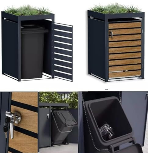 DWD® Garden Single Wheelie Bin Hideaway with Plant Roof 120L / 240L Waste Bin Storage Shed w/Locking Door Outdoor Hygienic Rustproof Dustbin Cover Powder coated Steel Matt Grey RAL7016 Wood Slats