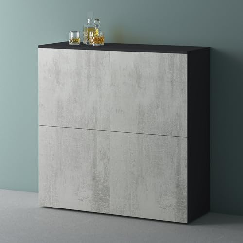 Mai & Mai Sideboard 100cm Kommode 4 Türen Soft-Close grifflos Stauraum | Kommodenschrank, Wohnzimmer Möbel, Flurschrank, bis zu 8 Staufächer, Anthrazit matt + Beton, BxTxH:100x36,4x98cm, Schrank04