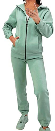 Arbeitsanzug für Damen, 2-teiliges Set, Mantel, Hose, modisch, lässig, einfarbig, Sweatshirt, Mantel, Reißverschlusstasche, Mantel, Hose, Anzug für Damen, grün, L