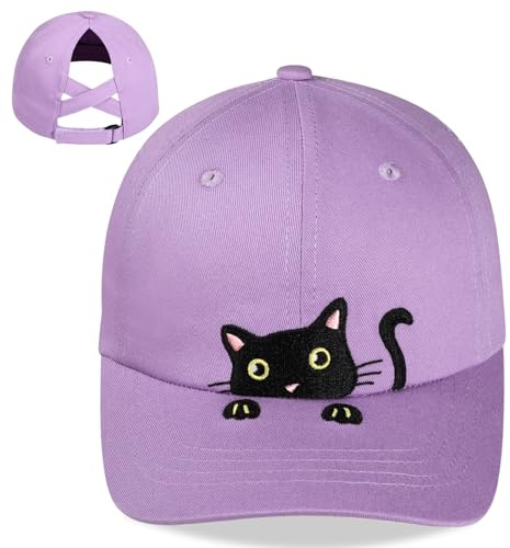 Baseballkappe für Kinder, Mädchen, niedliche Katze, bestickt, für Kleinkinder, verstellbarer Pferdeschwanz, für Katzenliebhaber, Geschenke, 3–8 Jahre, Helles Violett, 3-8 Jahre