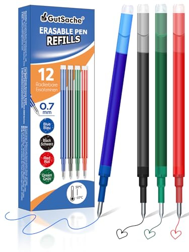 GutSache 12x mines de rechange effaçables pour Pilot FriXion Ball & Clicker et stylos Eberhard Faber, cartouches d'encre thermosensibles, mines de stylo-gel effaçables colorées