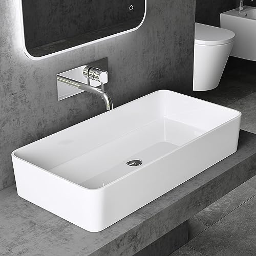 doporro Lavabo da Appoggio Rettangolare 80x40x15 cm per Bagno | Lavandino per Bagno in Marmoresina, Colore Bianco, Finitura Lucida, Installazione da Tavolo, Montaggio su Piano