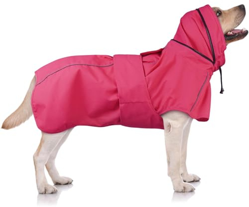 OUOBOB Wasserdichter Hundemantel für große Hunde mit Kapuze, leichter Hunde-Regenmantel mit reflektierenden Streifen, Loch für die Leine, ideal für Regen, Schnee, windiges Wetter, Spaziergänge im