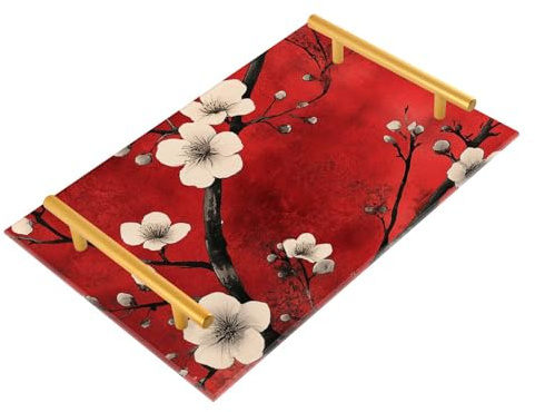 Plateau de service décoratif rétro avec poignées - Motif fleurs de prunier chinois - Pour bijoux, parfums - Pour service alimentaire - Rouge