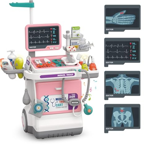 Mallette Docteur Enfant,Jouet Docteur avec Chariot 32Pièces Kit du Docteur Médicale Jouet avec Stéthoscope, Thermomètre, Seringue,Jeu d'imitation Cadeau pour Fille Garçon Enfant 3 4 5 6 7 Ans