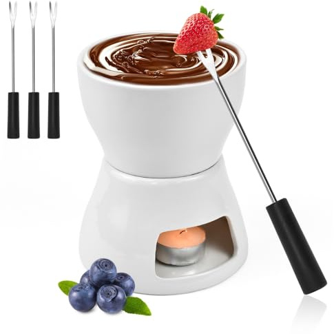 WEFHEF Tazza Fonduta Cioccolato, Set Fonduta in Ceramica con 4 Forchette, Set per Fonduta al Burro, Tazza per Fusione per Formaggio Caramelle e Cioccolato
