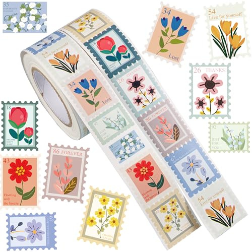 1000PCS Flower Stamp Stickers Roll, 2 Rolls 10 Designs Floral Stickers | Cute Flower Stickers for Kids, Scrapbook, Planner, Journal, Card Making, Gift Wrapping, Crafts and Party Favor Decorations