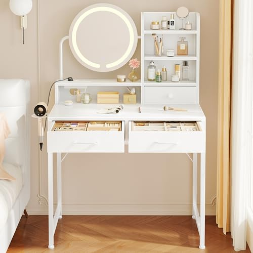 Rolanstar Schminktisch mit Beleuchtung & Steckdosen, Kosmetiktisch mit Spiegel, 3 Schubladen & Haartrockner-Halterung, Kleiner Frisiertisch fürs Schlafzimmer, Weiß