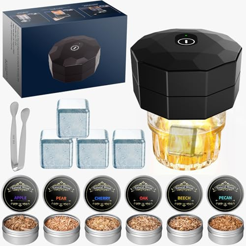 Whiskey Smoker Kit with 6 Wood Chips,Built-in Electric Lighter,No Butane Needed,Rechargeable Cocktail Smoker Kit,Bourbon Old Fashioned Whisky Smoking Kit,Whisky Gift Sets for Men Dad Husband Boyfriend