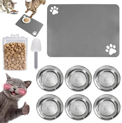 6 Stück Katzennäpfe Edelstahl,14cm Futternapf | 60x40cm Napfunterlage für Hunde und Katzen,rutschfest Futtermatten,mit 1L Aufbewahrungsbehälter,Messlöffel,für Katzen
