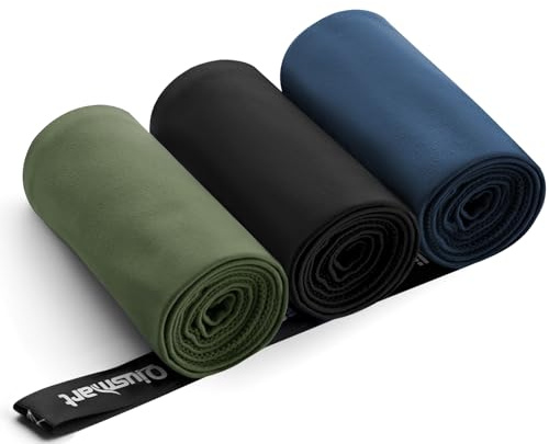 Mikrofaser Handtuch 3er Set (80*160cm): Schnelltrocknend & Kompakte Microfaser Sporthandtuch, für Reisehandtuch, Badetuch, Fitness, Strandtuch und Sport Handtücher (Marineblau + Schwarz + Armeegrün)