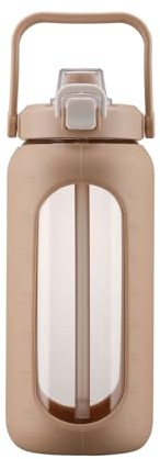 BLUEGO 2L Wasserflasche mit Strohhalm und Griff, Borosilikatglas Trinkflasche mit Silikonhülle für Sport und Reisen, Auslaufsicher, BPA-frei, Amber