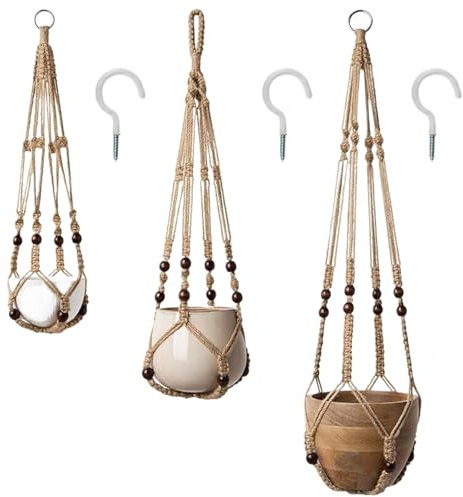 Rundago Makramee Blumenampel Pflanzenhänger 3er Set Innen Pflanzkorb Hängender Blumentopfhalter mit Schraubhaken, Baumwollseil mit Perlen ohne Quasten Boho Home Decor für Garten, Balkon, Wand (Braun)
