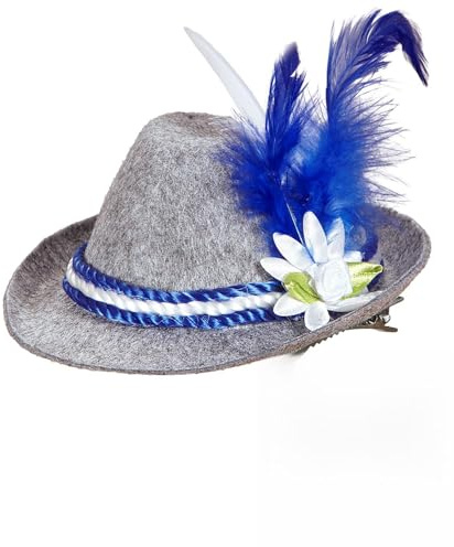 TrendandStylez Mini Trachtenhut auf Haarspange | Oktoberfest Haarschmuck in Blau & Rosa| Bayerischer Filzhut mit Feder & Edelweiß | Perfektes Accessoire für Dirndl & Lederhose (Blau)