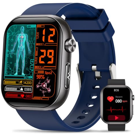 Reloj Inteligente Salud Hombre con ECG/HRV/IMC, 1.96 AMOLED Pantalla, Azul | Presión Arterial, 24H Frecuencia Cardíaca, SpO2, Sueño, 140+ Deportes en Interior y Exterior, Temperatura, Android iOS