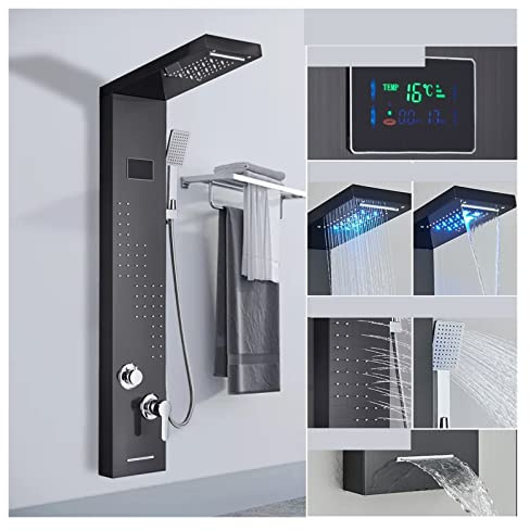 Digitalt duschsystem, Duschpanel i rostfritt stål tornsystem Led duschpanel 5 funktion Badrum Duschkran Väggmontering Svart kall och varm duschpelare LED-display duschkontroll(8012 black)