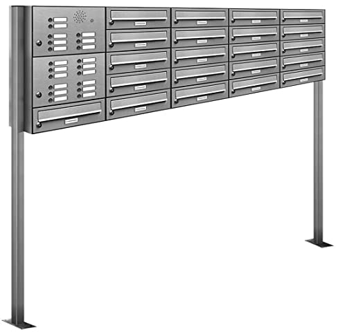 AL Briefkastensysteme 21er V2A Edelstahl Stand Briefkasten mit Klingel rostfrei als 21 Fach Briefkastenanlage DIN A4 in Postkasten Design modern