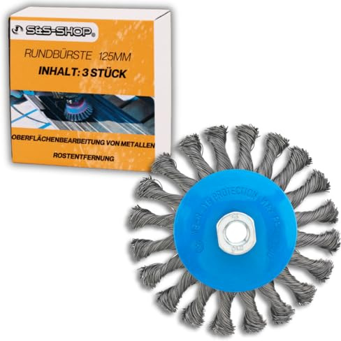 Rundbürste Ø 125 mm, 3 Stück, M14 x 2, passend für Winkelschleifer, Stahlbürste, Drahtbürste Bohrmaschine, Unkrautbürste, zum Entrosten von Metall, Bürsten Set Akkuschrauber