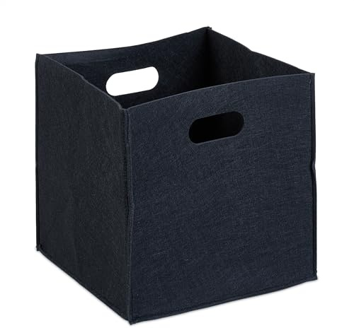 Relaxdays Quadratischer Filzkorb 10er Set, schwarz | faltbar, mit 2 Trageöffnungen, schicker Regalkorb