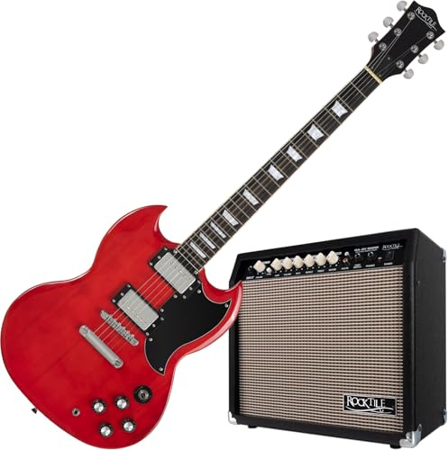 Rocktile Pro S-Red E-Gitarre Heritage Cherry Verstärker Set, Modell: S-Red | 2 Humbucker Tonabnehmer, Verchromte Hardware, 22 Bünde, Griffbrett: Rosenholz, Geleimter Hals aus Ahorn, Korpus: Linde, 2 mm
