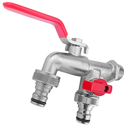 Doppel Auslauf Kugel Hahn Ventil Wandanschluss 1/2 Rohr Zoll AG aus Messing mit robustem Stahlhebelgriff Rot + Mini Absperrhahn + 2 Stecker für Gardena 1/2 Gartenschlauch Anschluss