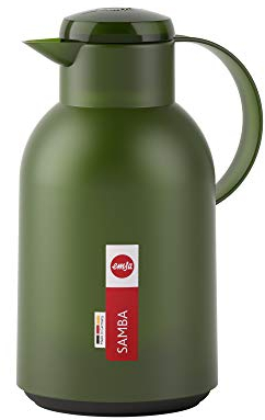 Emsa Samba Isolierkanne, 1,5 Liter Fassungsvermögen, Quick Press Verschluss, 100% dicht, 12h heiß und 24h kalt, mit Glaskolben, made in Germany, Transluzent/Puder-Grün, N4012100