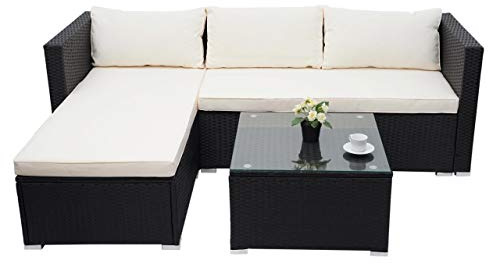 Mendler Poly-Rattan Garnitur HWC-F57, Balkon-/Garten-/Lounge-Set Sofa Sitzgruppe - schwarz, Kissen Creme ohne Deko-Kissen