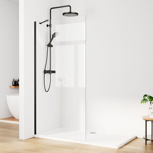 EMKE Duschwand 100 cm Walk In Dusche Duschtrennwand Duschabtrennung Glas 8 mm NANO einfach-Reinigung Beschichtung Duschtür Schwarz Duschwand für Dusche Höhe 195 cm