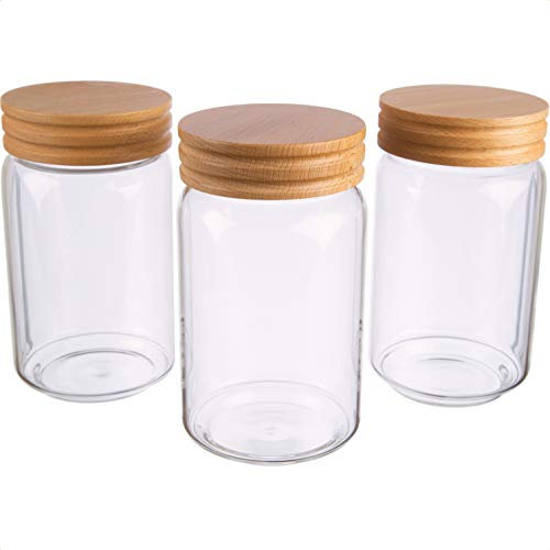Dosenritter | Vorratsglas/Pastaglas Set | 3X Borosilikatglas mit luftdichtem Schraubverschluss, Buchen Holzdeckel Vorratsgläser | 16 x 9cm (H,ø) | 3 x 700 ML [klein]