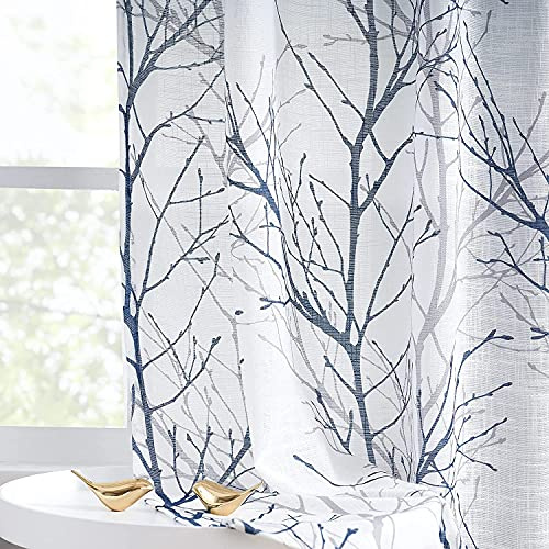 Fmfunctex Blue Semi Sheer Curtains for Living Room 90 Drop Grey Voile Curtains for Bedroom Tree Branch Eyelet Curtain Linen Textured Light Filtering Window Curtain Drapes for Dining Room 2 Panels