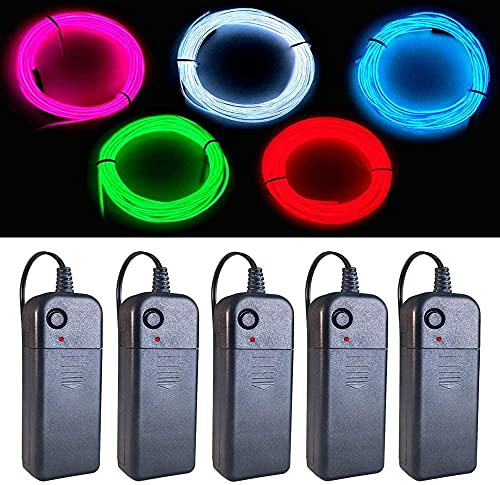 Balabaxer EL-Draht 5 Farben, 9ft Neonlicht-Draht 5er-Pack Rauschunterdrückung und Batterie-Controller (Grün, Blau, Rot, Weiß, Pink) für Halloween-Dekorationen DIY-Kostüm.