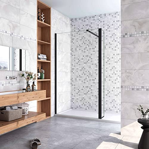 Walk in Doccia 140x200cm Due Pareti (110+30) cm Vetro 8 mm Temperato Trasparente Anticalcare Barra Stabilizzatrice 73-120 cm Nero Opaco