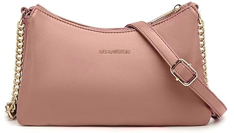 David Jones - Damen Umhängetasche Klein - Kette Handtasche Weich PU Leder - Crossbody Bag Flache 3 Fächern Schultertasche - Abendtasche Clutch Alltag Modisch Elegant Party Reise Arbeit - Rosa