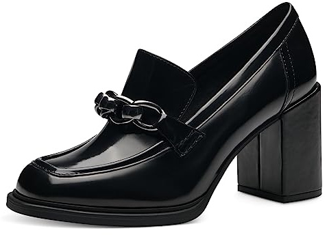 MARCO TOZZI Damen Loafer mit Absatz aus Kunstleder mit Kette, Schwarz (Black Brush), 39