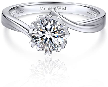 MomentWish Personalisierter Verlobungsring Damen, 1 Karat Moissanit Diamant Schneeflocke Ring, VVS1 D Farbe 925 Sterling Silber, Trauring Ehering Geschenk für Frauen-Größe57
