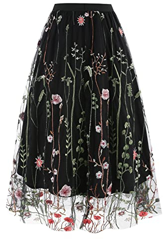 Damen T?llrock Langes Blumen Stickerei Rock Elegant Elastischer A-Linie Lagenrock Plissee T?ll Langes Kleid Blumenmuster Midir?cke Hohe Taille L?ssiges M?dchen Rock Vintage 50er Meshrock Schwarz M