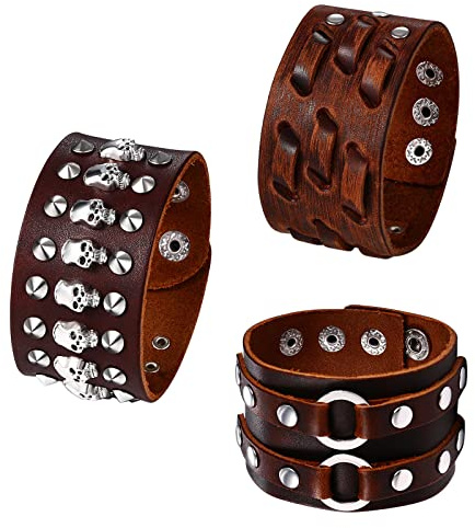 JewelryWe Schmuck Herren Breit Lederarmband Gotik Ring Kreis Nieten geflochten Leder Armreif Manschette Druckknopf Punk Rock Biker Armband verstellbar Schwarz/Rot