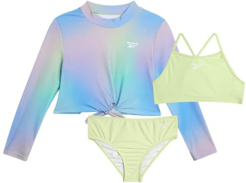 Reebok Mädchen Rashguard Set 3 Stück UPF 50+ Langarm Schwimmshirt mit Bikini Badeanzug Bademode Set für Mädchen (4-16), Pistazien-Ombré, 7