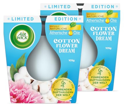 Air Wick Wohlfühl-Duftkerze DUO im Glas – Duft: Cotton Flower Dream – Enthält natürliche ätherische Öle – Duftkerzenset mit je 2 Kerzen