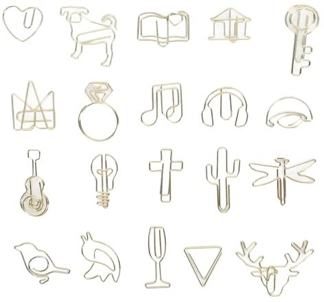 Syrisora 100 Stück Büroklammern, Gold-Serie, Metall, galvanische Verarbeitung, rostfrei, kreativ, 20 Formen, Papiermarkierungsklammer für Lesezeichen, Foto-Clips