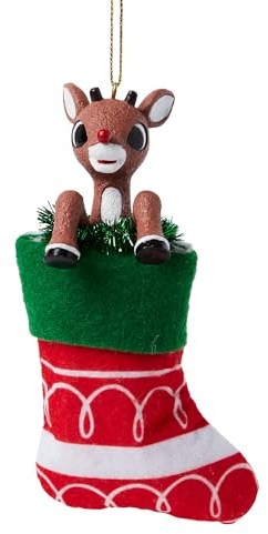 Department 56 Rudolph Rentier mit roter Nase im Weihnachtsstrumpf, hängende Ornament, 12 cm, Mehrfarbig