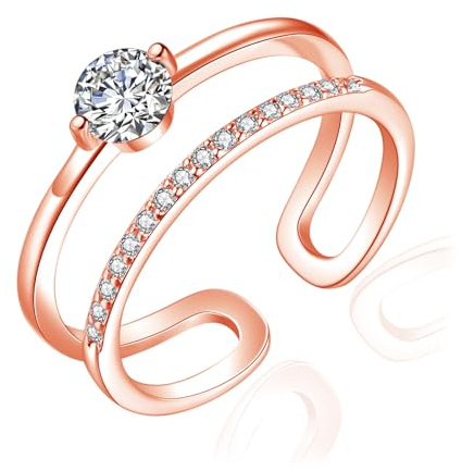 Josfeva Silber Damen Ringe, 925 Sterling Silber Doppelte Zirkonia Ringe, Einstellbar Minimalistischer Knuckle Ringe, Einfach Daumenring Trendy Stapelringe, Rosegold Infinity Wickelring Fingerringe